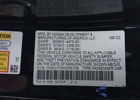 2022 Honda Accord Sport z USA, uszkodzony, nr VIN 1HGCV1F3XNA061039